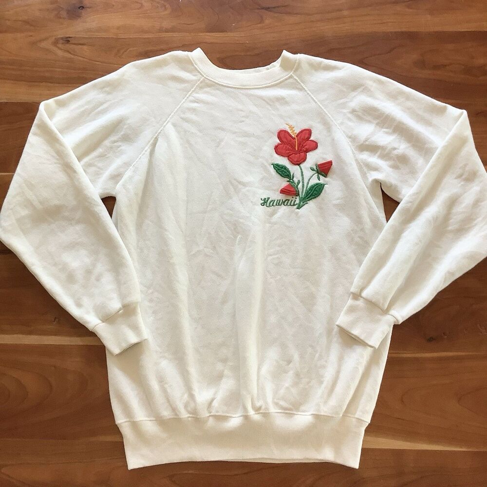 Vintage 80s Hawaii Crew Neck Sweatshirt Cream White Red Hibiscus Raglan M USA